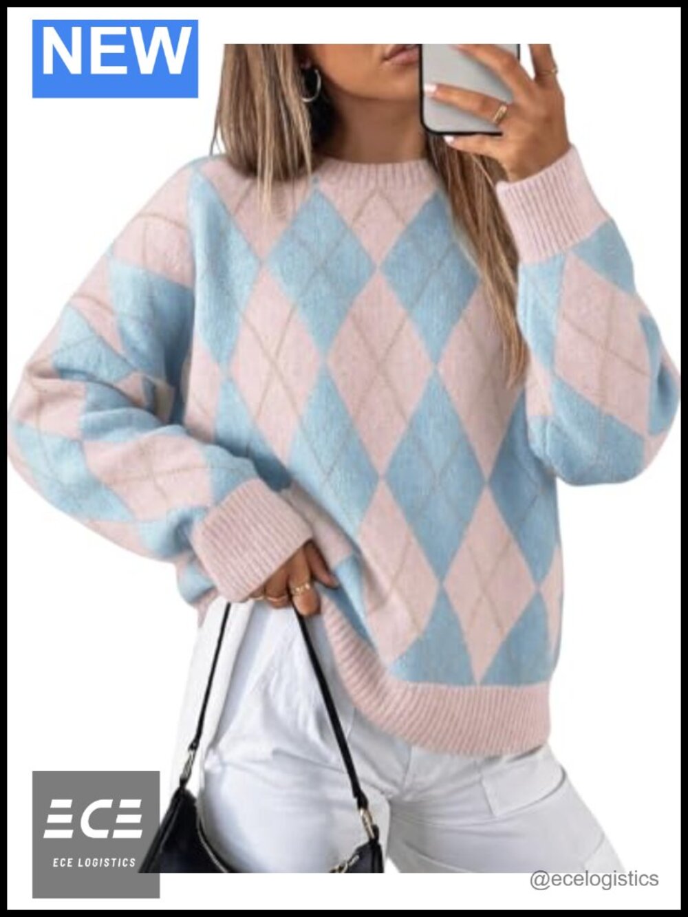 Oversized Argyle Plaid Knit Sweater Long Sleeve Pullover